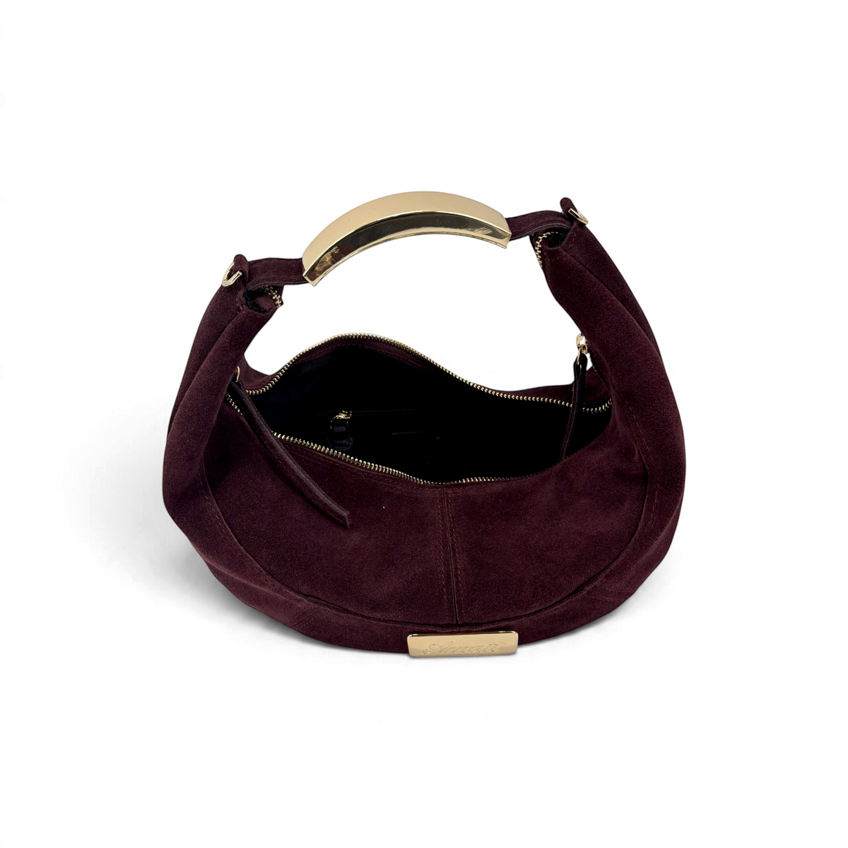 Borsa a mezzaluna Amatì in camoscio color bordeaux con manico rigido in metallo dorato e chiusura a zip