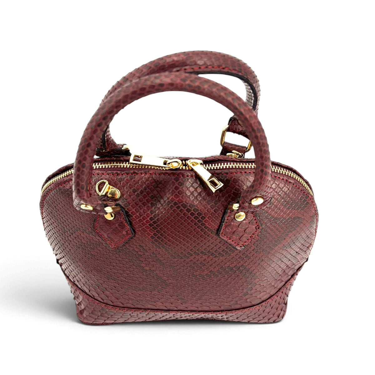 Borsa a cupola Amatì Rubina in vero pitone bordeaux con doppi manici e dettagli in metallo dorato.