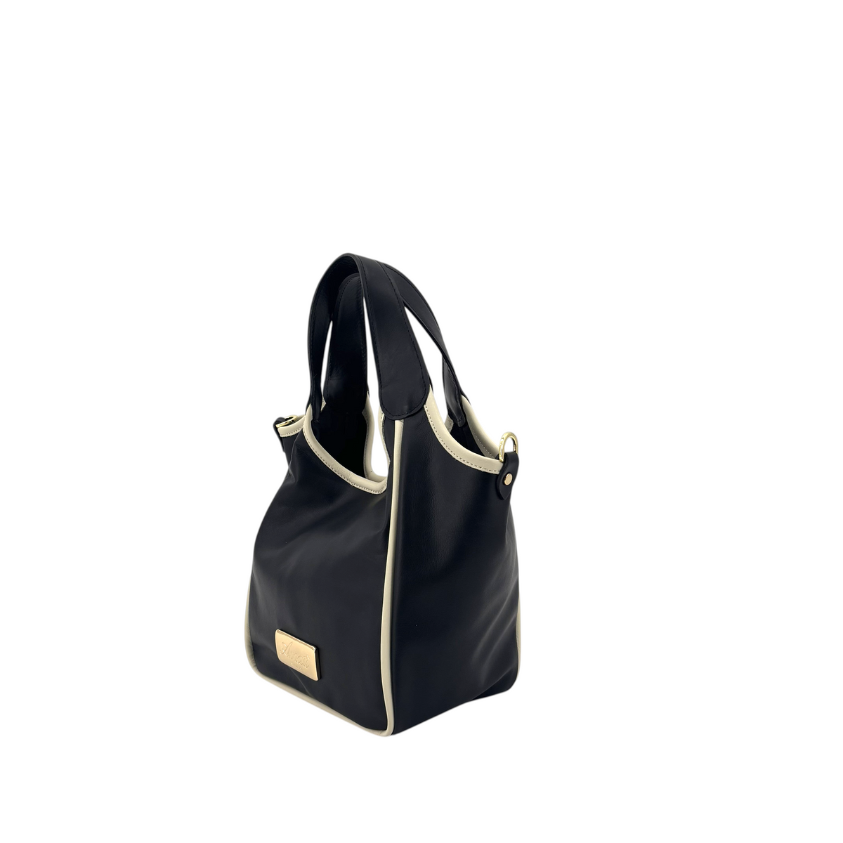Borsa a mano Amatì Nuvoletta in pelle nera con profili a contrasto color crema e placca metallica frontale