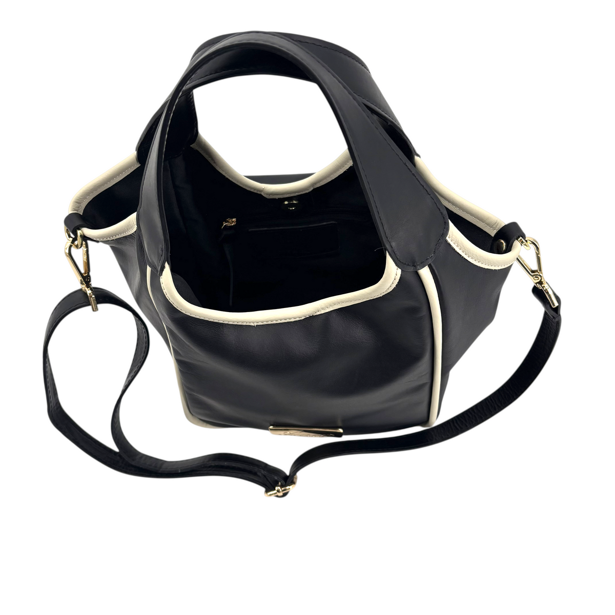 Borsa a mano Amatì NUVOLETTA in pelle nera con profili a contrasto color crema e tracolla regolabile