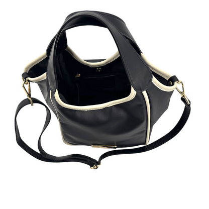Borsa a mano Amatì NUVOLETTA in pelle nera con profili a contrasto color crema e tracolla regolabile