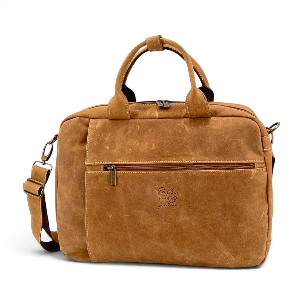 Cartella zaino 3-in-1 Amatì Ares Mini in vera pelle ingrassata color cuoio con tasca frontale e manici