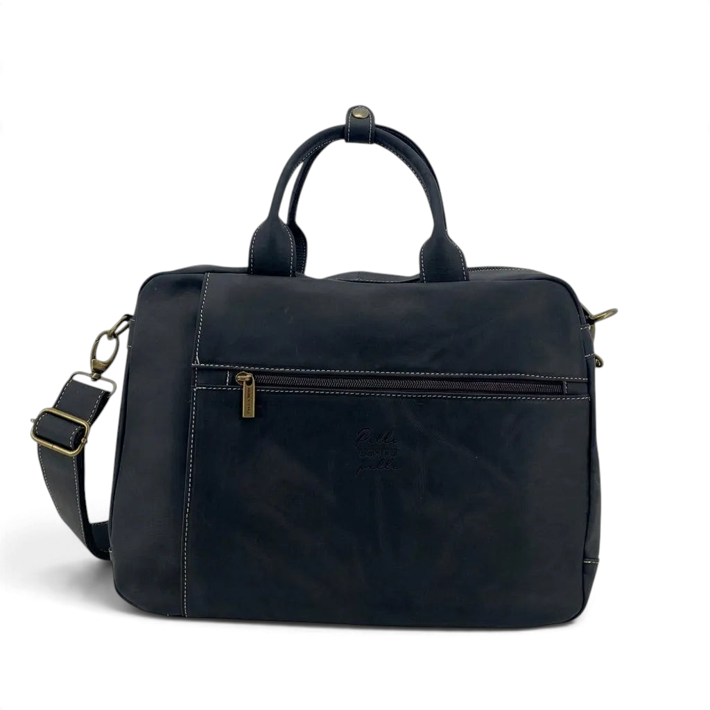 Cartella zaino 3-in-1 Amatì Ares Mini in vera pelle ingrassata nera con manici, tracolla e tasche con zip.