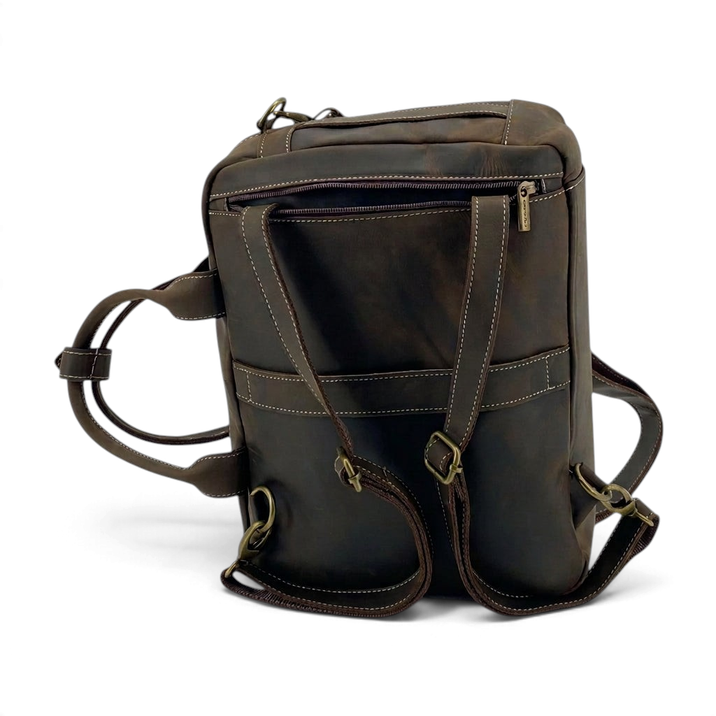 Borsa trasformabile Amatì Ares Mini in vera pelle ingrassata marrone con spallacci a scomparsa e manici