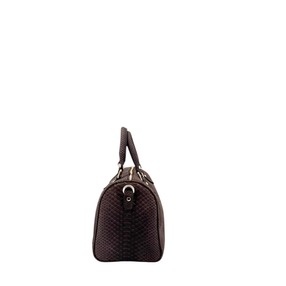 Bauletto Amatì Cristalle in vera pelle di pitone marrone con dettagli metallici dorati, vista laterale.