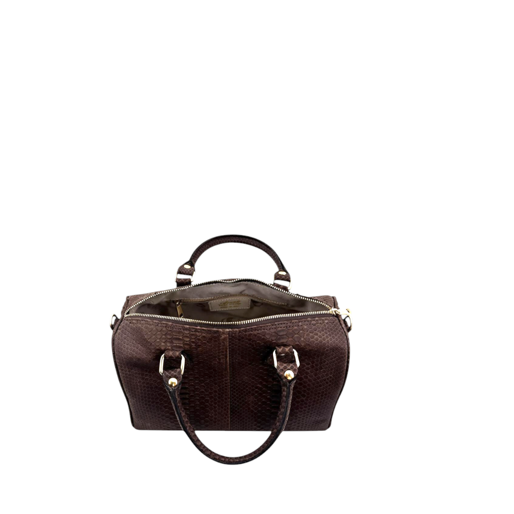 Bauletto Amatì Cristalle in vero pitone marrone con manici rigidi, finiture dorate e interno foderato con zip
