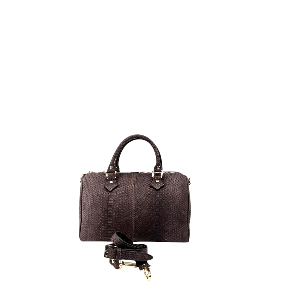 Bauletto Amatì modello Cristalle in vera pelle di pitone marrone con finiture dorate e tracolla rimovibile.