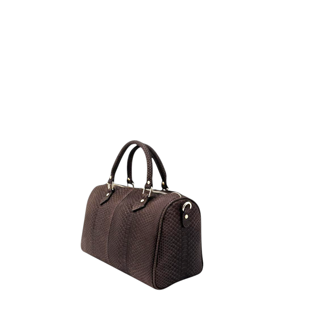 Bauletto Amatì Cristalle in vera pelle di pitone marrone con manici rigidi e dettagli in metallo dorato.