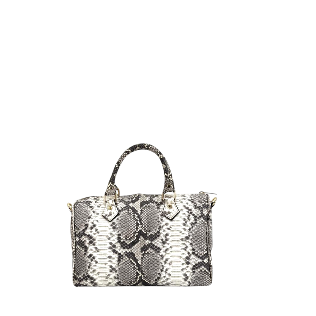 Bauletto Amatì Cristalle in vera pelle di pitone grigia e bianca con dettagli in metallo dorato e manici rigidi