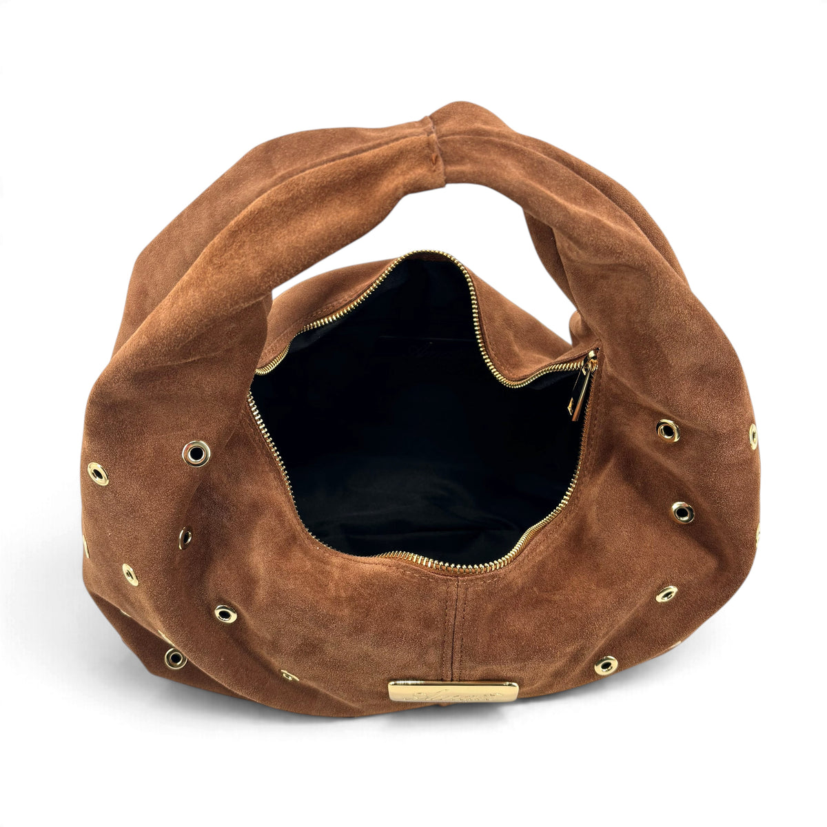 Borsa a mano Amatì modello Borchietta in camoscio marrone con borchie dorate e chiusura a zip