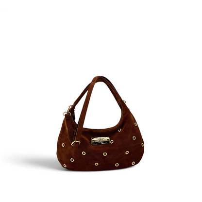 Borsa Amatì modello Borchietta Mini in camoscio marrone con borchie dorate e logo frontale