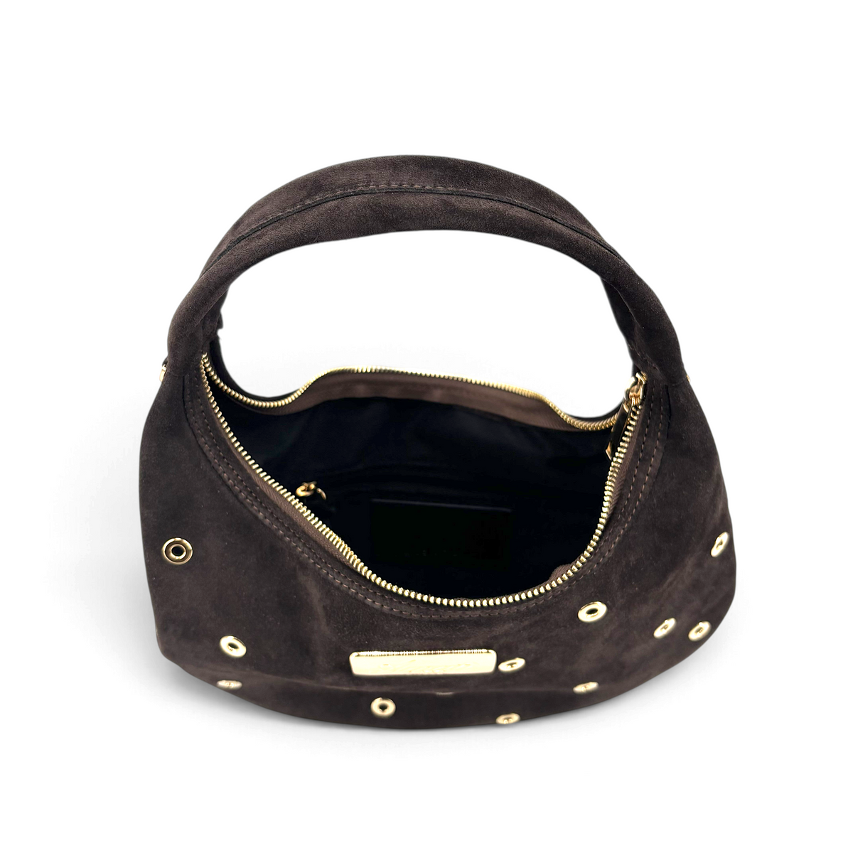 Borsa a mano Amatì Borchietta Mini in camoscio marrone con borchie dorate e chiusura a zip