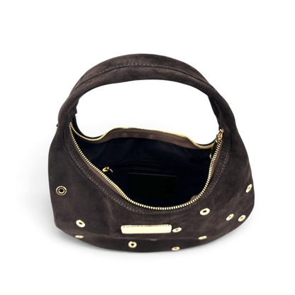 Borsa a mano Amatì Borchietta Mini in camoscio marrone con borchie dorate e chiusura a zip