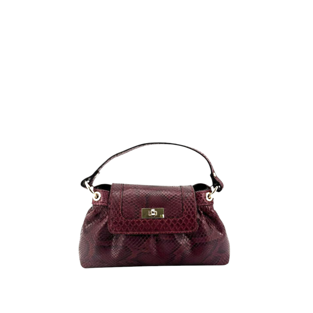 Borsa Amatì Ambra in pregiata pelle di pitone color bordeaux con chiusura a girello dorata e manico superiore