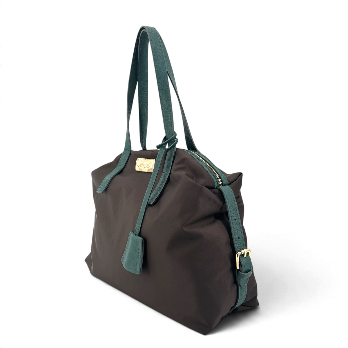 Borsa Amatì Aria in nylon marrone con manici e dettagli in pelle verde, design Made in Italy elegante e capiente