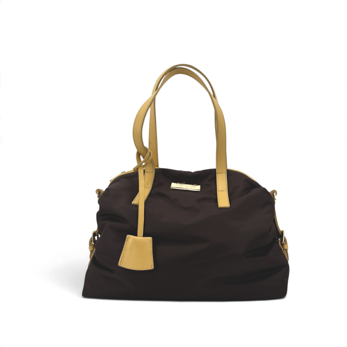Borsa a spalla Amatì Aria in nylon marrone con manici in pelle beige, design Made in Italy elegante e capiente