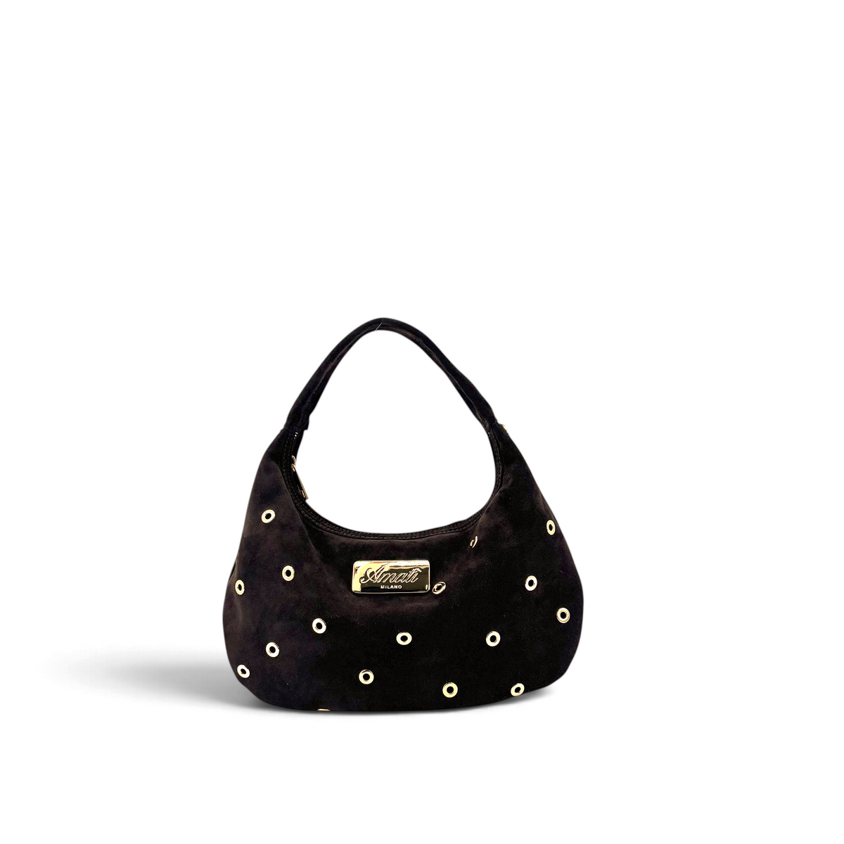 Borsa a mano Amatì modello Borchietta Mini in camoscio nero con borchie dorate e placca logo frontale