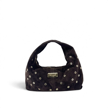 Borsa a spalla Amatì modello Borchietta in camoscio marrone scuro con borchie metalliche dorate e logo frontale