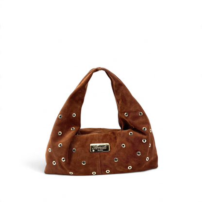 Borsa a spalla Amatì modello Borchietta in camoscio marrone con borchie metalliche dorate e logo frontale