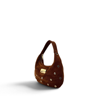 Borsa a spalla Amatì BORCHIETTA MINI in camoscio marrone con borchie dorate e logo frontale