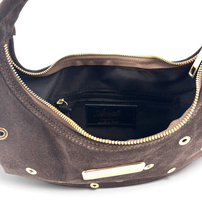 Borsa mini Amatì in camoscio marrone con borchie dorate e chiusura a zip, vista interna