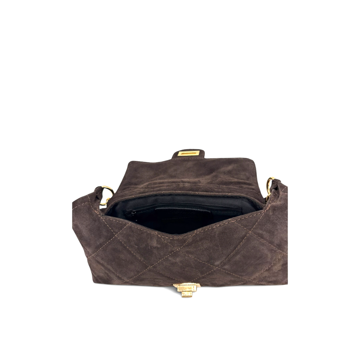 Borsa Amatì COCO in camoscio marrone con trapuntatura a rombi, chiusura metallica dorata e interno foderato