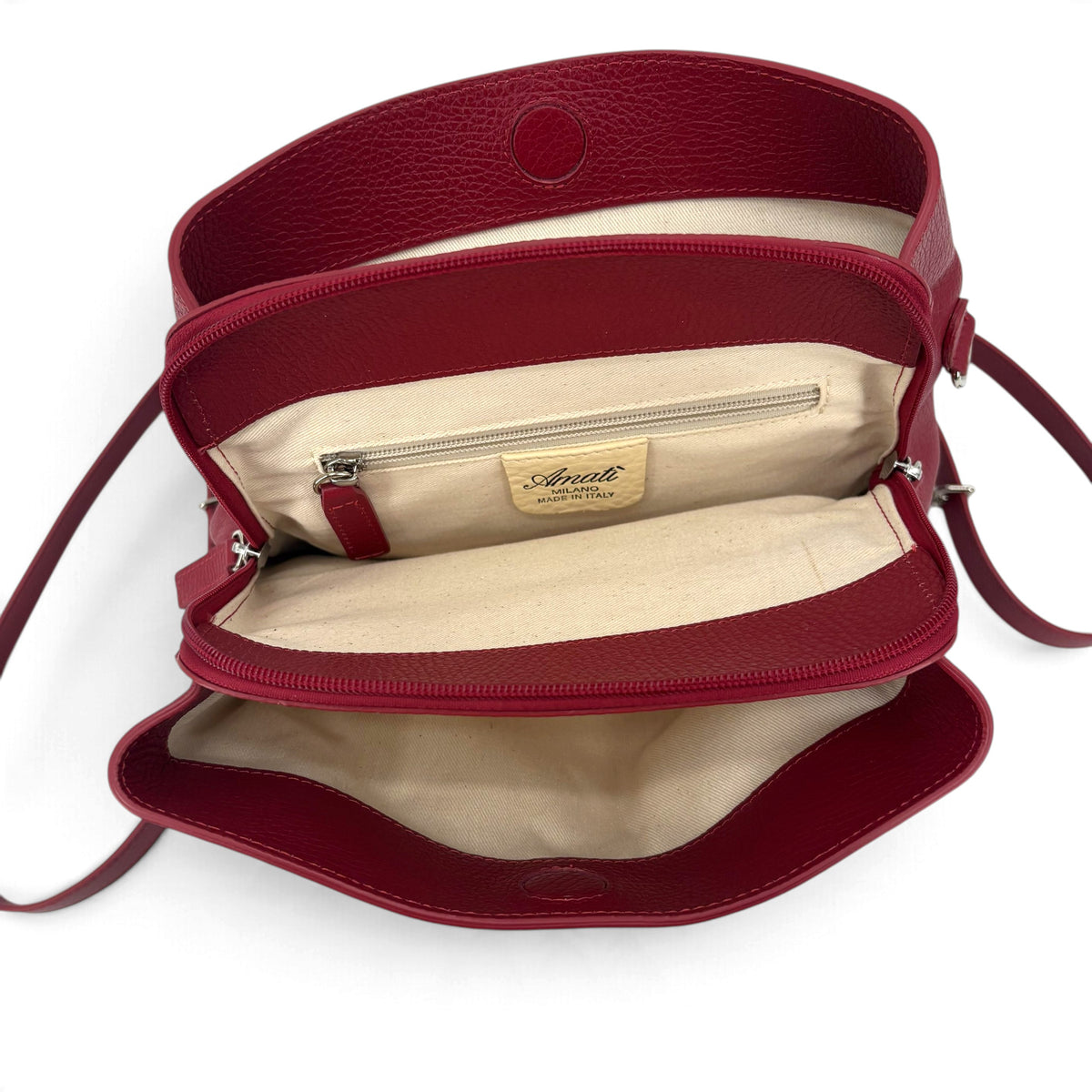 Borsa a tracolla Amatì modello Corallo in pelle rossa con interno foderato in tessuto beige e chiusura a zip