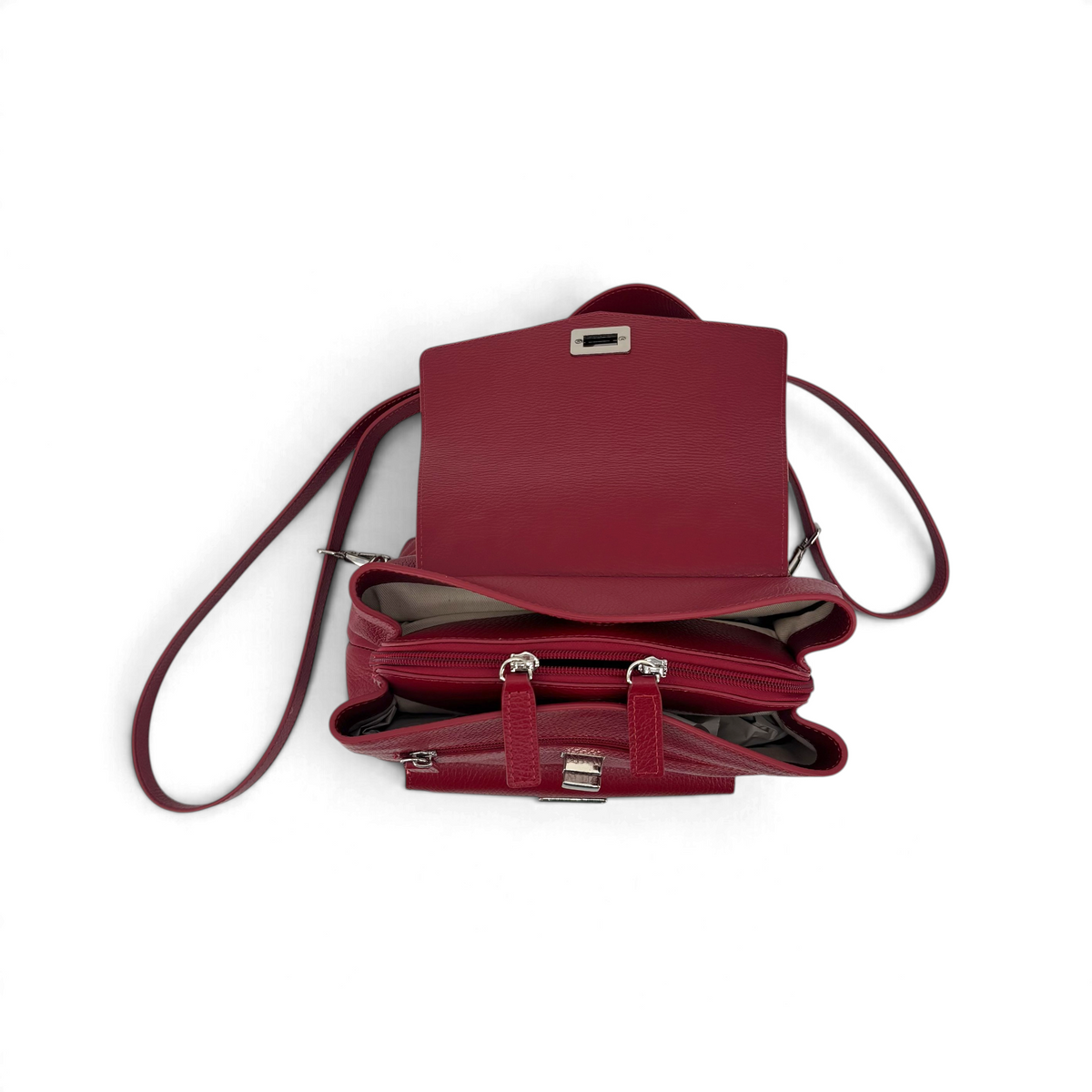 Borsa Amatì Corallo in pelle martellata color rosso scuro con chiusura a incastro e scomparti interni a zip