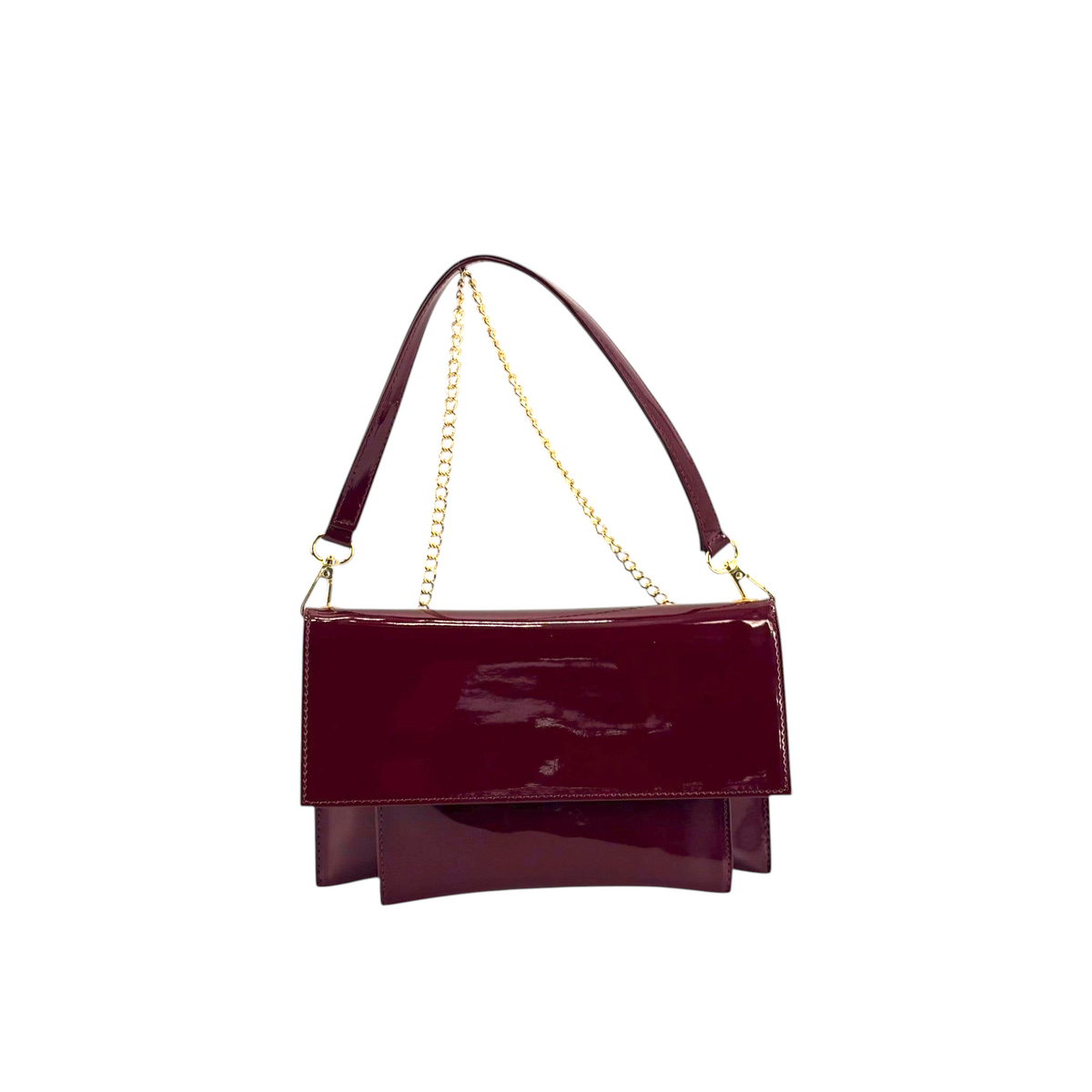 Borsa a spalla Amatì Dea in eco vernice bordeaux lucida con elegante catena dorata, design compatto Made in Italy