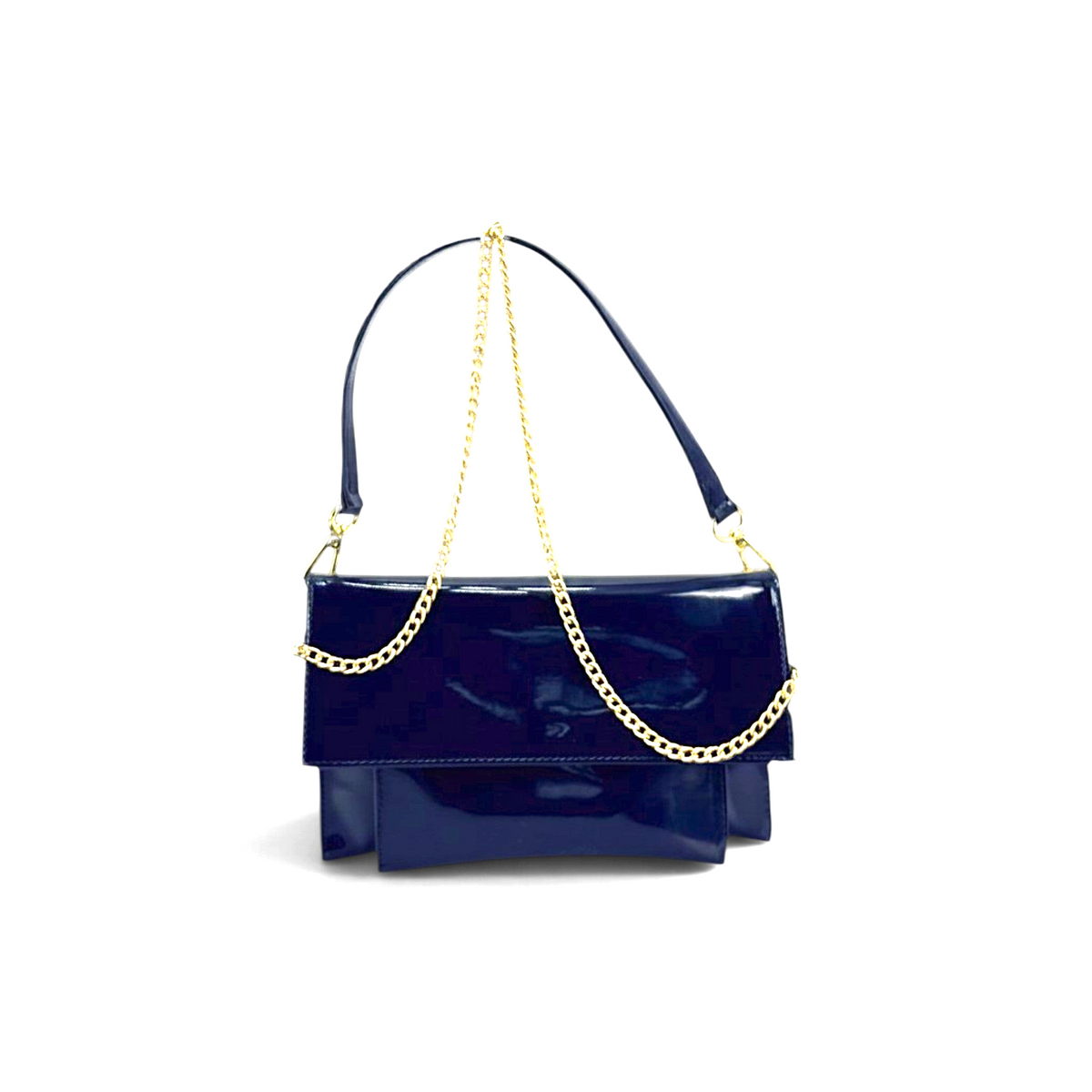 Borsa a spalla Amatì Dea in eco vernice blu lucida con elegante catena dorata, design compatto Made in Italy.