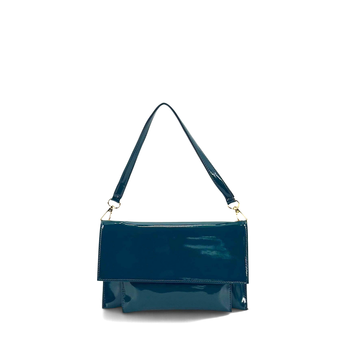 Borsa a spalla Amatì Dea in eco vernice ottanio lucida con dettagli a catena dorata, design elegante Made in Italy