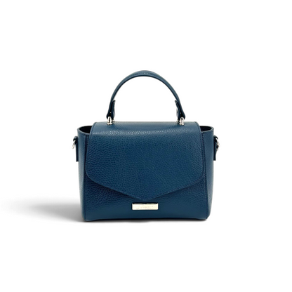 Borsa a mano Amatì Goccia in pelle dollaro avio con patta frontale, manico superiore e logo metallico