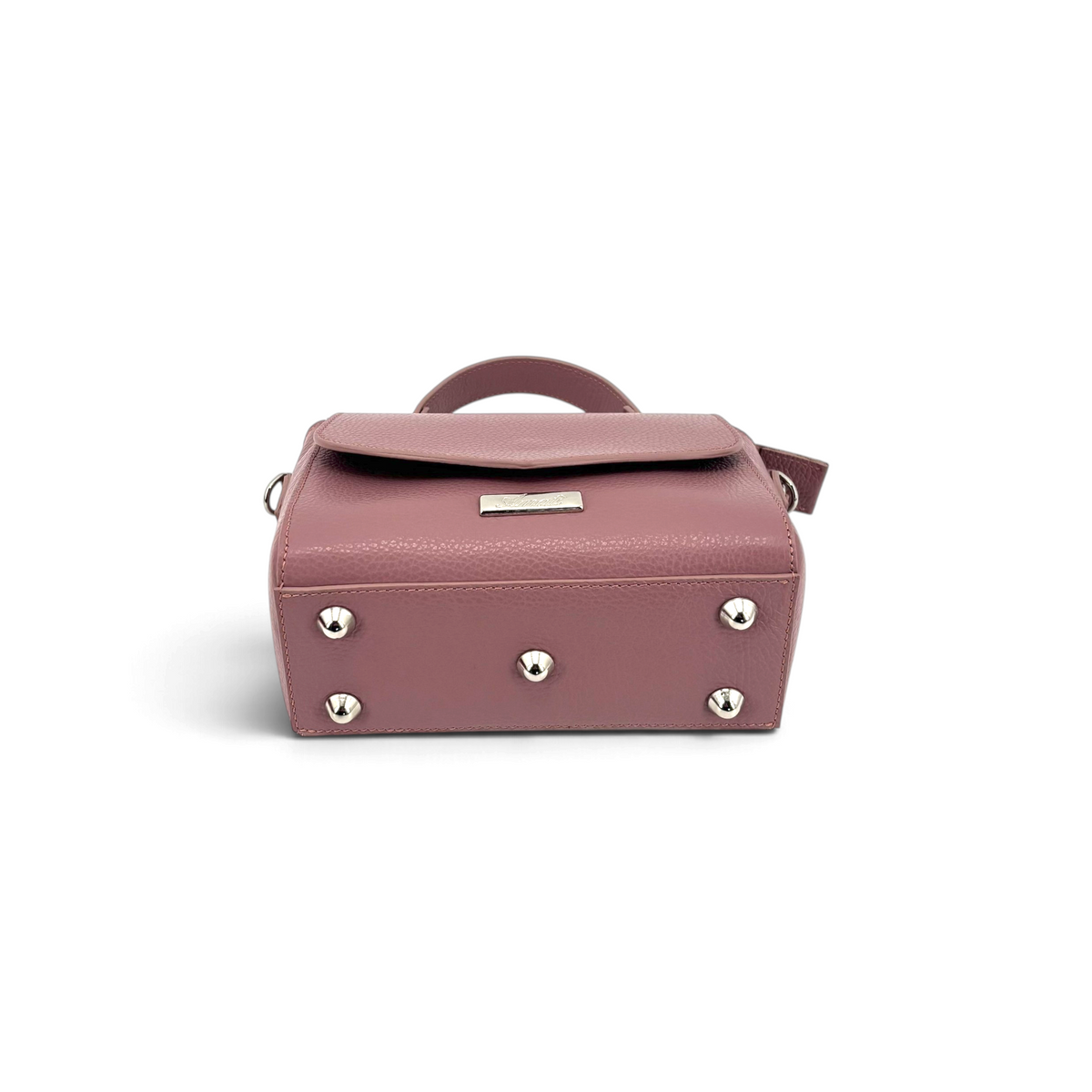 Borsa Amatì Goccia in pelle dollaro color malva con piedini metallici sul fondo e logo frontale