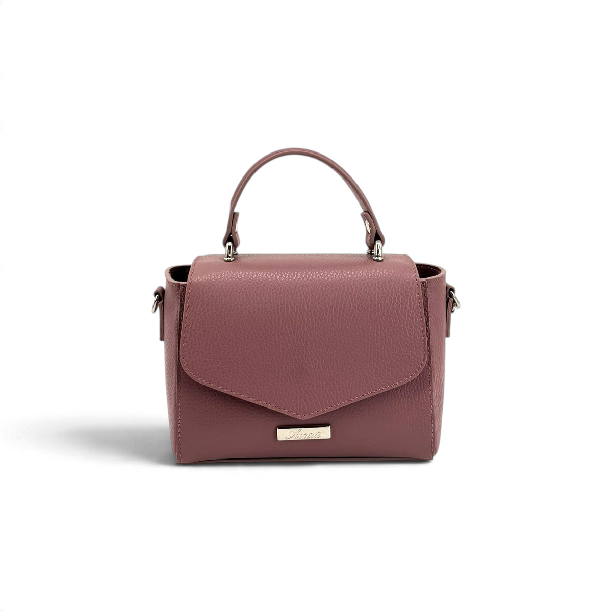 Borsa Amatì Goccia in pelle dollaro color rosa antico con manico, patta frontale e logo metallico, vista frontale