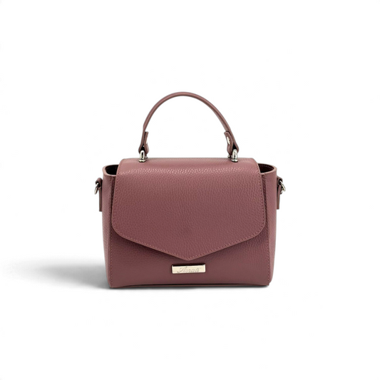 Borsa Amatì Goccia in pelle dollaro color rosa antico con manico, patta frontale e logo metallico, vista frontale
