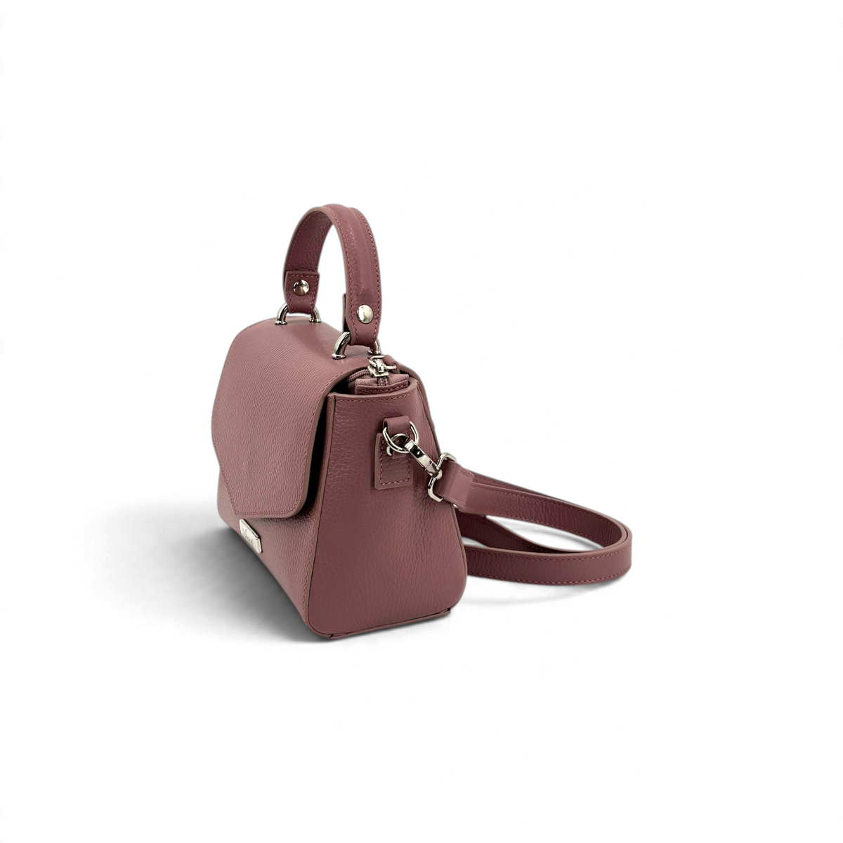 Borsa Amatì Goccia in pelle dollaro color rosa antico con manico, tracolla removibile e logo metallico frontale.