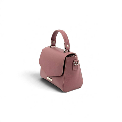 Borsa a mano Amatì Goccia in pelle dollaro rosa con patta frontale, manico superiore e logo metallico