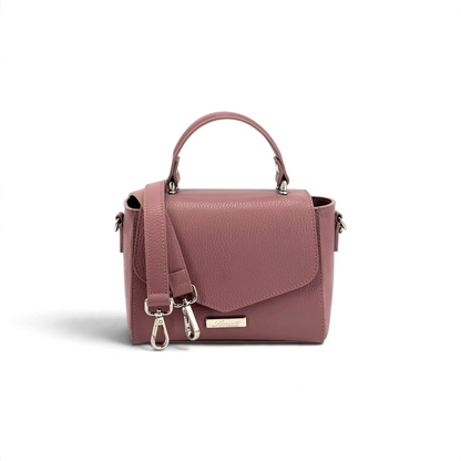 Borsa Amatì Goccia in pelle dollaro rosa con manico, tracolla removibile, patta frontale e logo metallico.