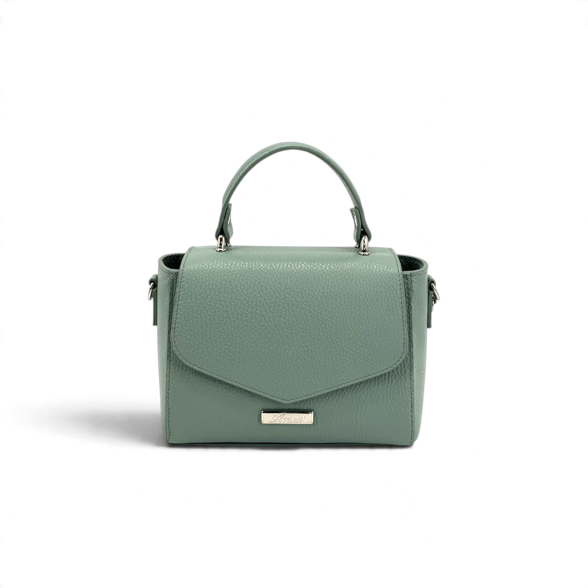Borsa Amatì Goccia verde salvia in pelle dollaro con manico, patta frontale e logo metallico, vista frontale