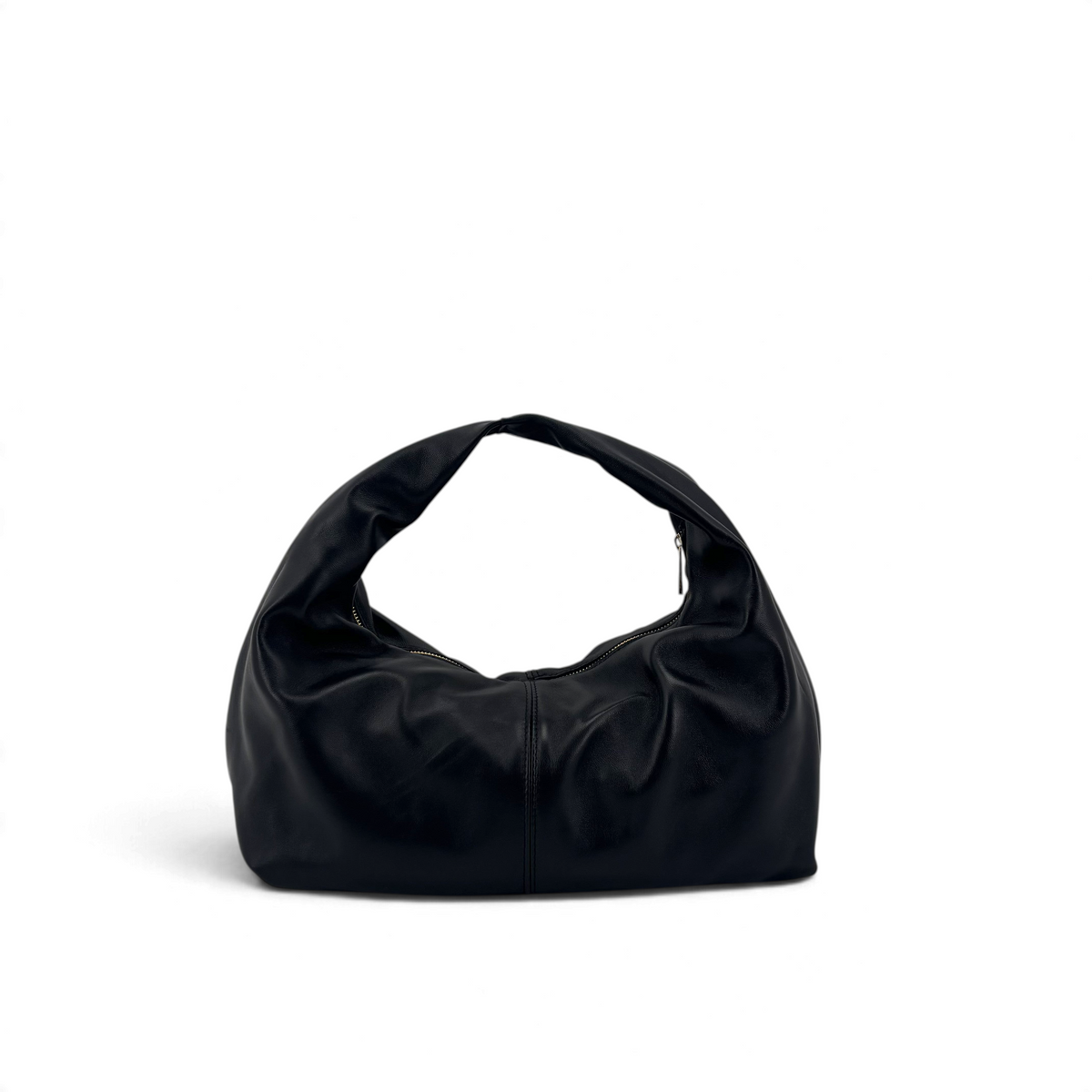 Borsa a spalla Amatì Fiamma in morbida pelle nera con design hobo minimalista e chiusura a zip