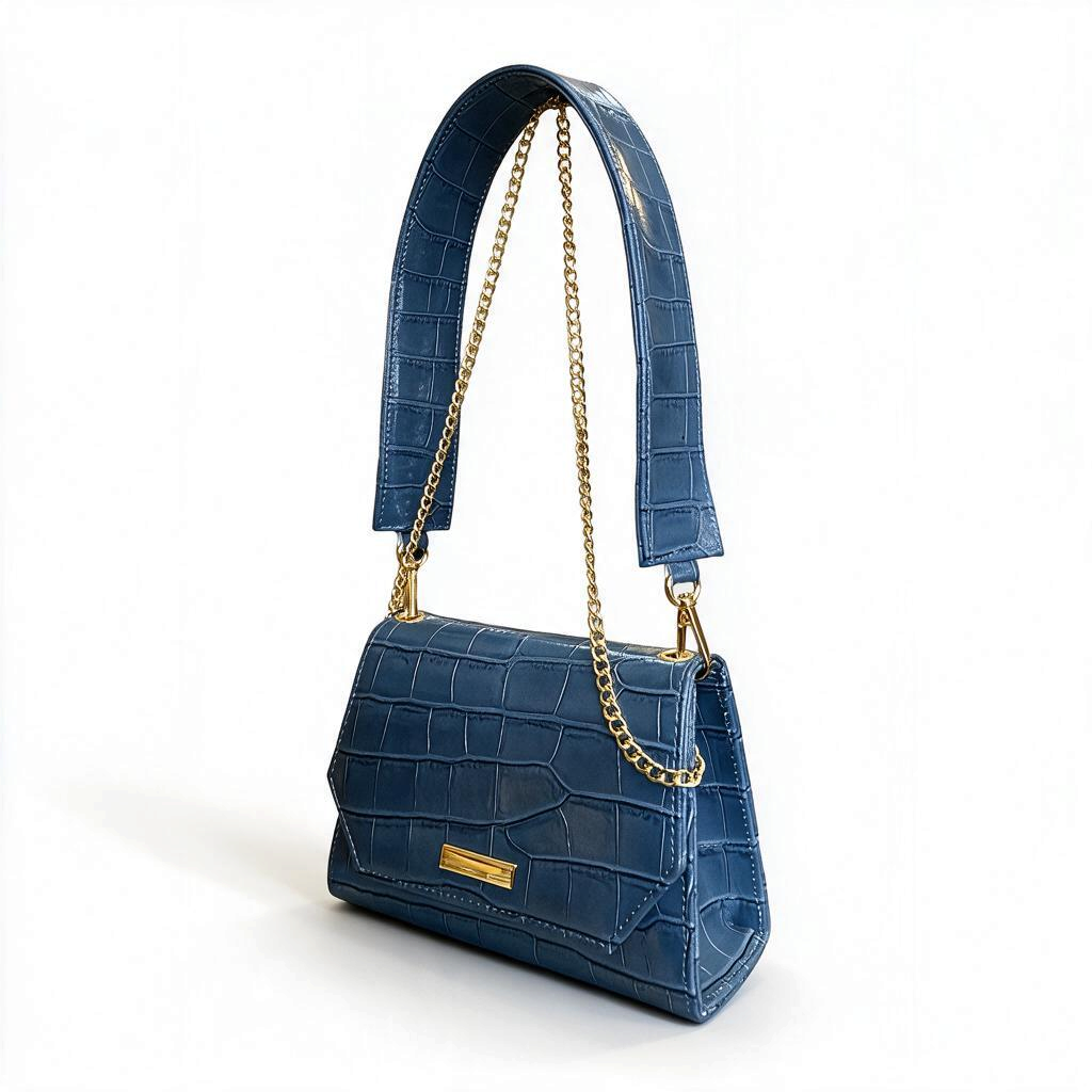 Borsa Amatì Lady blu in vera pelle stampa coccodrillo con tracolla a catena dorata e design compatto ed elegante