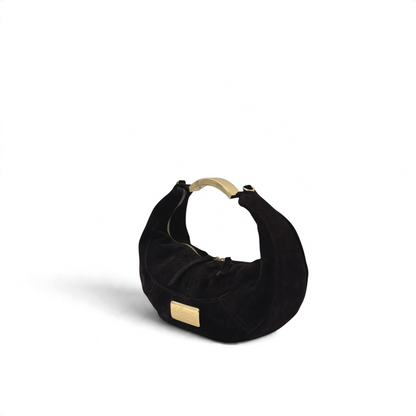Borsa a mezzaluna Amatì modello LUNA in camoscio marrone scuro con dettagli in metallo dorato