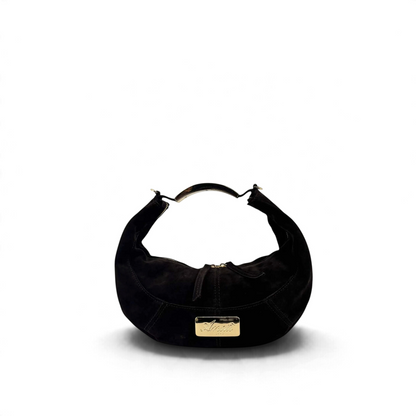 Borsa a mezzaluna Amatì modello LUNA in camoscio nero con manico rigido metallico e placca dorata frontale
