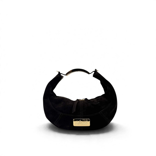 Borsa a mezzaluna Amatì modello LUNA in camoscio nero con manico rigido metallico e placca dorata frontale