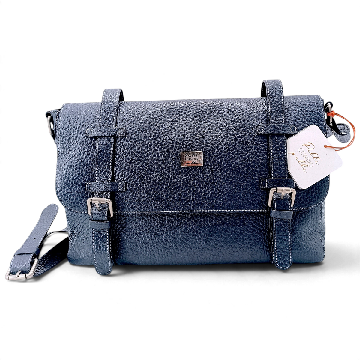 Borsa messenger Amatì Hermes in vera pelle bucciata blu con chiusure magnetiche e tracolla regolabile