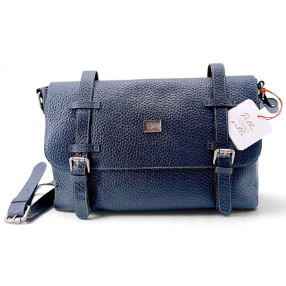 Borsa messenger Amatì Hermes in vera pelle bucciata blu con chiusure magnetiche e tracolla regolabile
