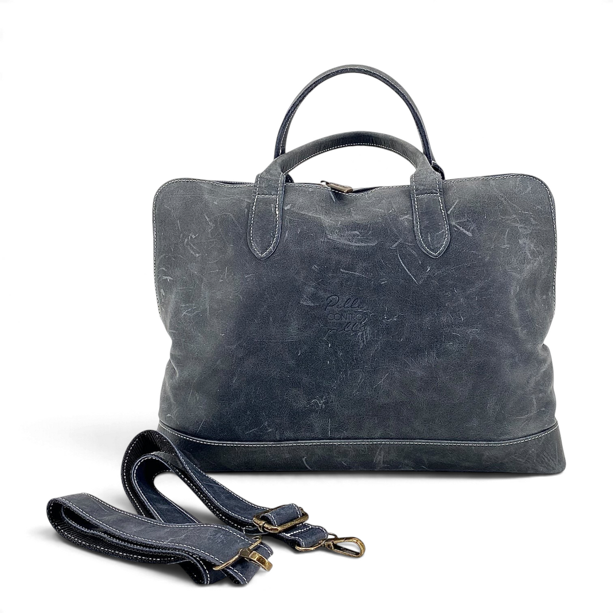 Borsa messenger Amatì Maat in pelle ingrassata grigia con tracolla regolabile e finiture artigianali italiane