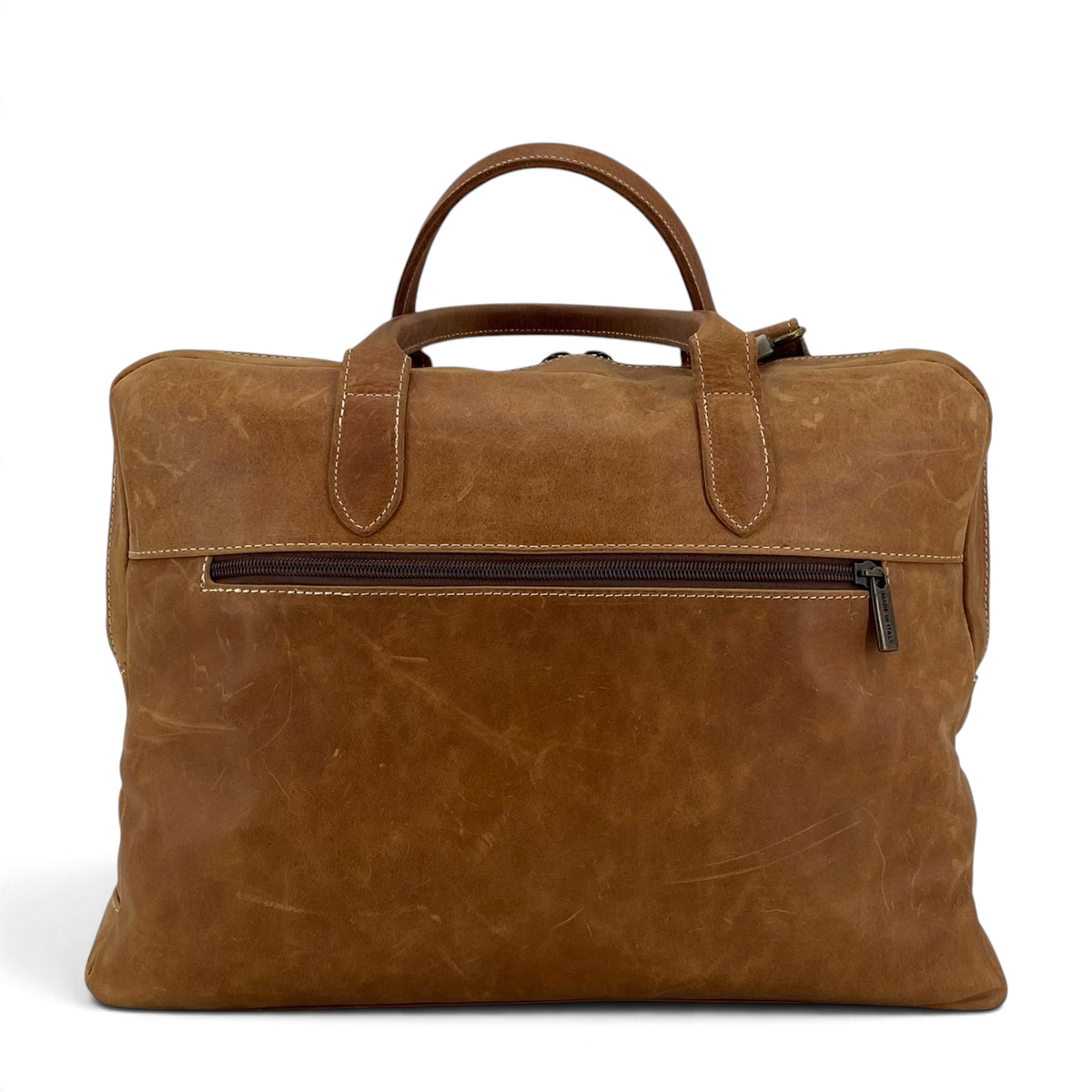 Borsa messenger Amatì Maat in pelle ingrassata color cuoio con tasca esterna con zip e manici resistenti