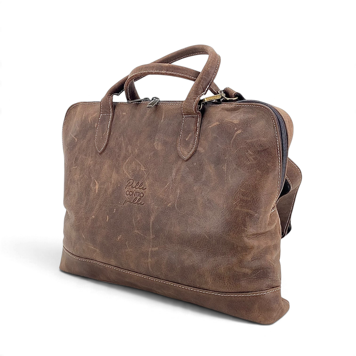 Borsa messenger Amatì Maat in pelle ingrassata marrone con chiusura a zip, ideale per lavoro e tempo libero
