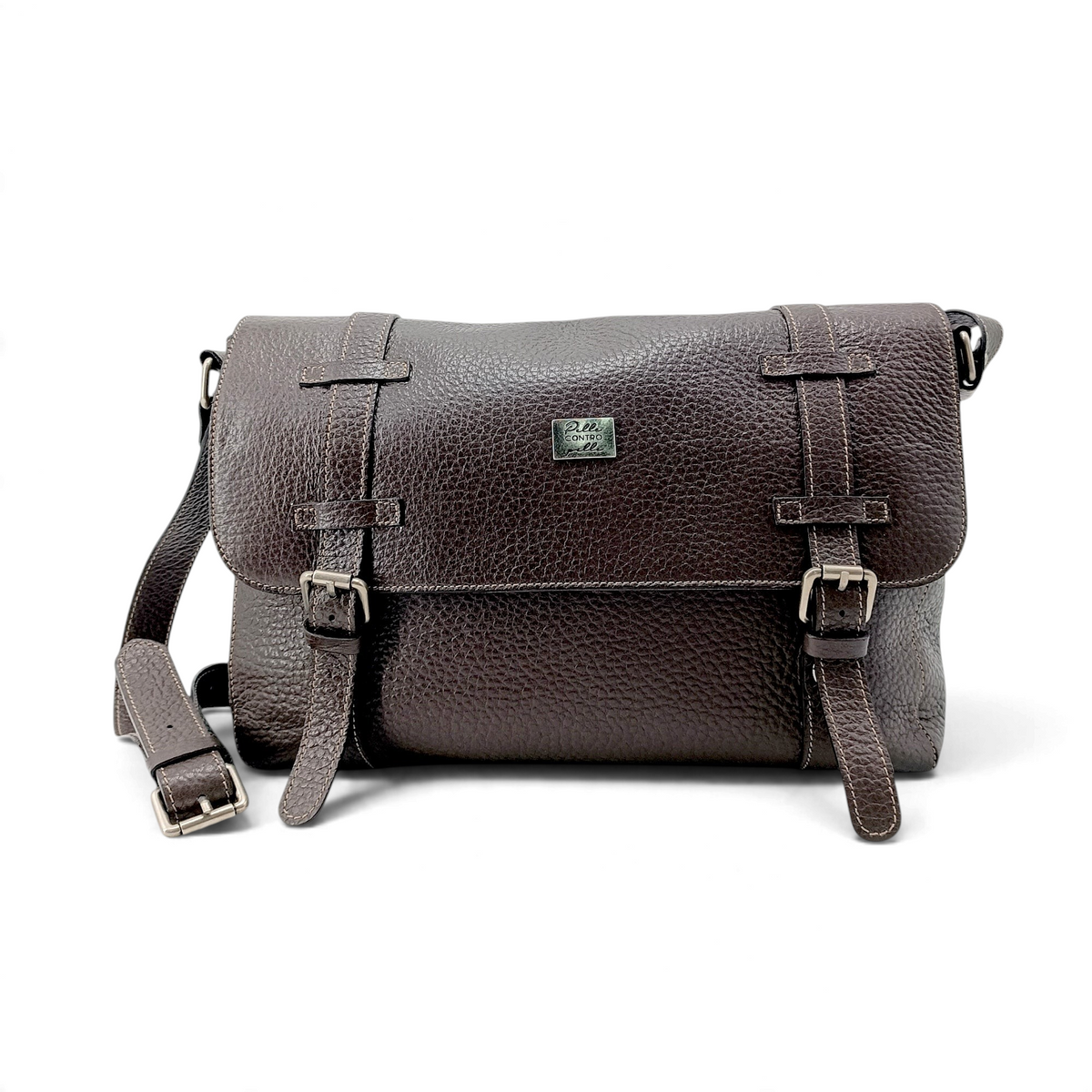 Borsa messenger Amatì Hermes in pelle bucciata marrone scuro con chiusure magnetiche e tracolla regolabile